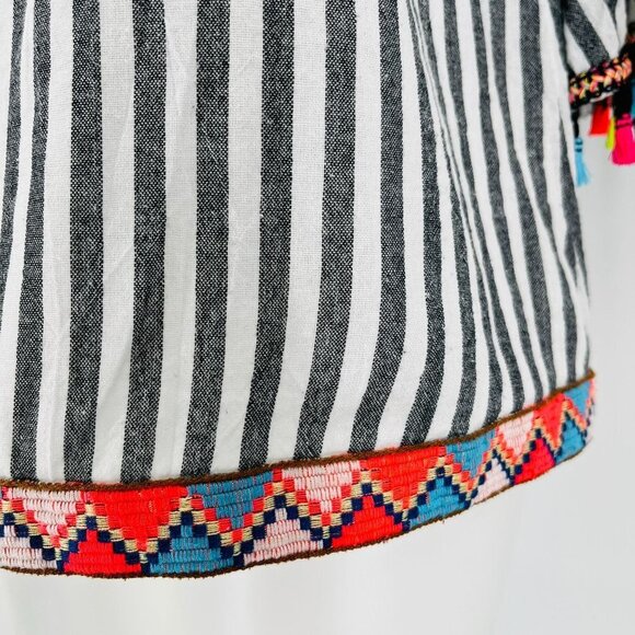 See And Be Seen Black Stripe Blouse Size M Off The Shoulder Embroidery Fringe - Picture 6 of 11